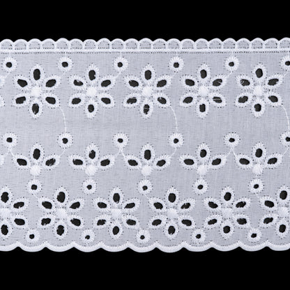 Cotton and Polyester Embroidered Eyelet Lace Trim with Scalloped Edges - 4" - White Floral Lines