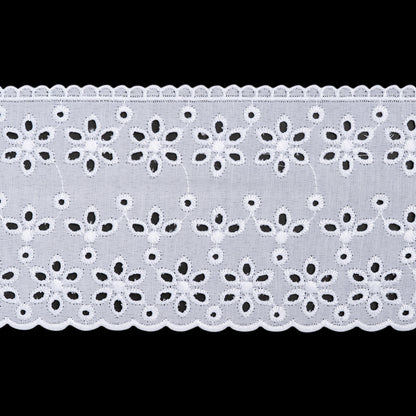 Cotton and Polyester Embroidered Eyelet Lace Trim with Scalloped Edges - 4" - White Floral Lines