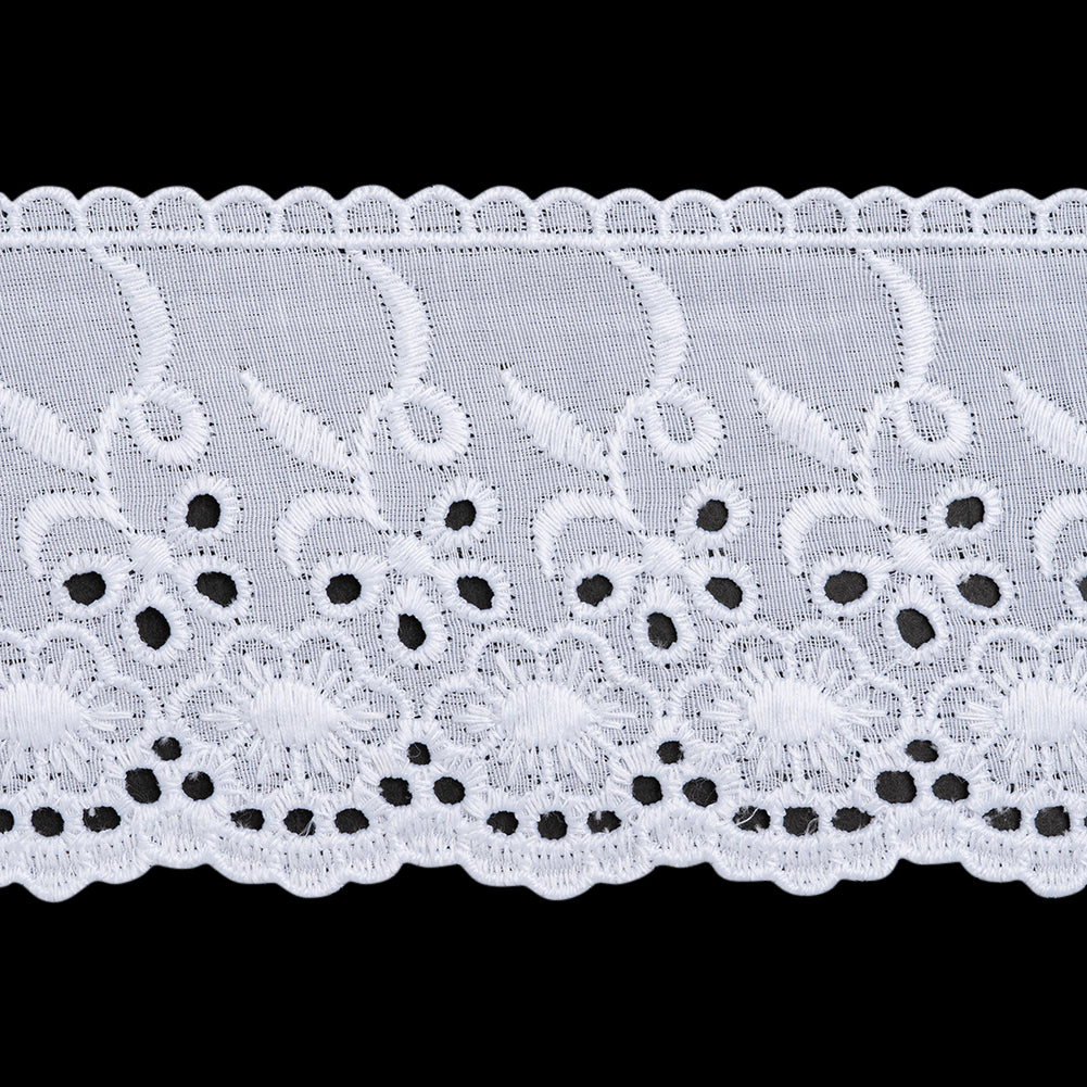 Cotton and Polyester Embroidered Eyelet Lace Trim with Scalloped Edges - 3" - White Floral with Looping Stems