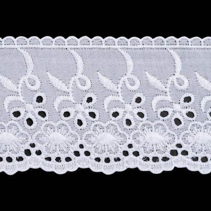 Cotton and Polyester Embroidered Eyelet Lace Trim with Scalloped Edges - 3" - White Floral with Looping Stems