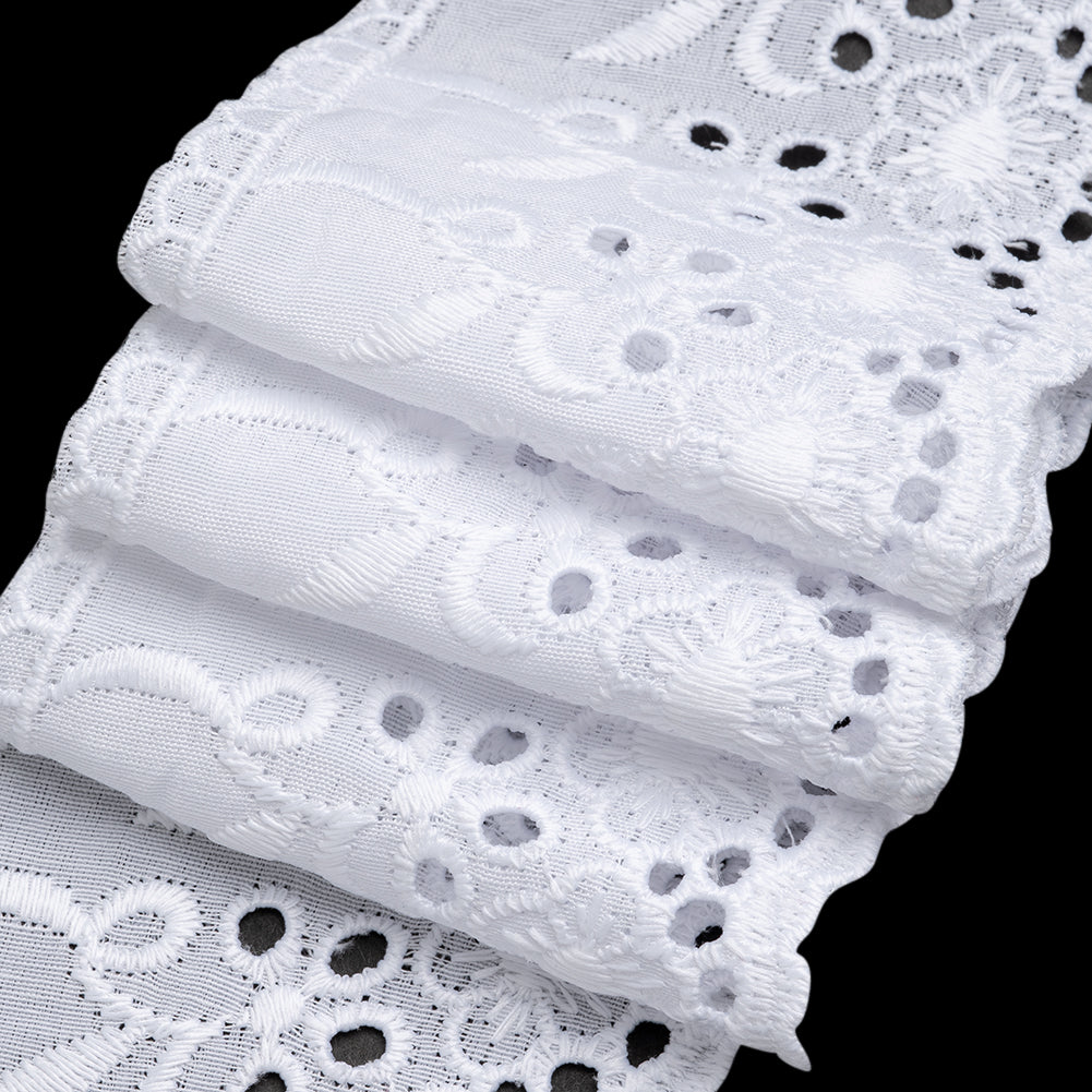 Cotton and Polyester Embroidered Eyelet Lace Trim with Scalloped Edges - 3" - White Floral with Looping Stems