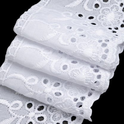 Cotton and Polyester Embroidered Eyelet Lace Trim with Scalloped Edges - 3" - White Floral with Looping Stems