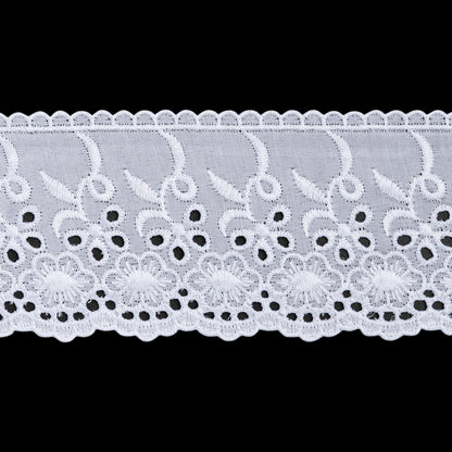 Cotton and Polyester Embroidered Eyelet Lace Trim with Scalloped Edges - 3" - White Floral with Looping Stems