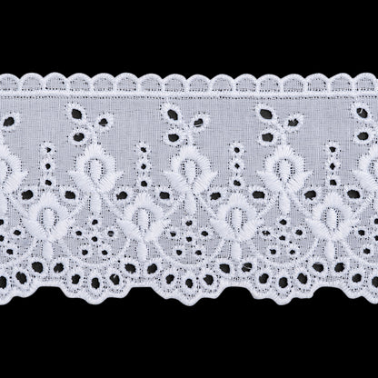 Cotton and Polyester Embroidered Eyelet Lace Trim with Scalloped Edges - 2.5" - White Irises and Dots