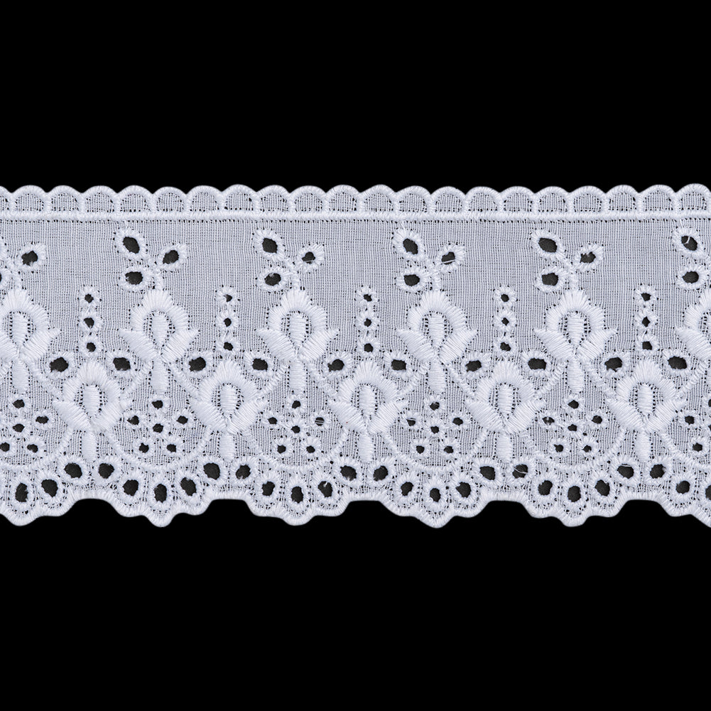 Cotton and Polyester Embroidered Eyelet Lace Trim with Scalloped Edges - 2.5" - White Irises and Dots
