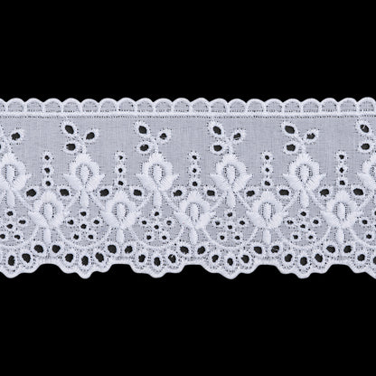 Cotton and Polyester Embroidered Eyelet Lace Trim with Scalloped Edges - 2.5" - White Irises and Dots