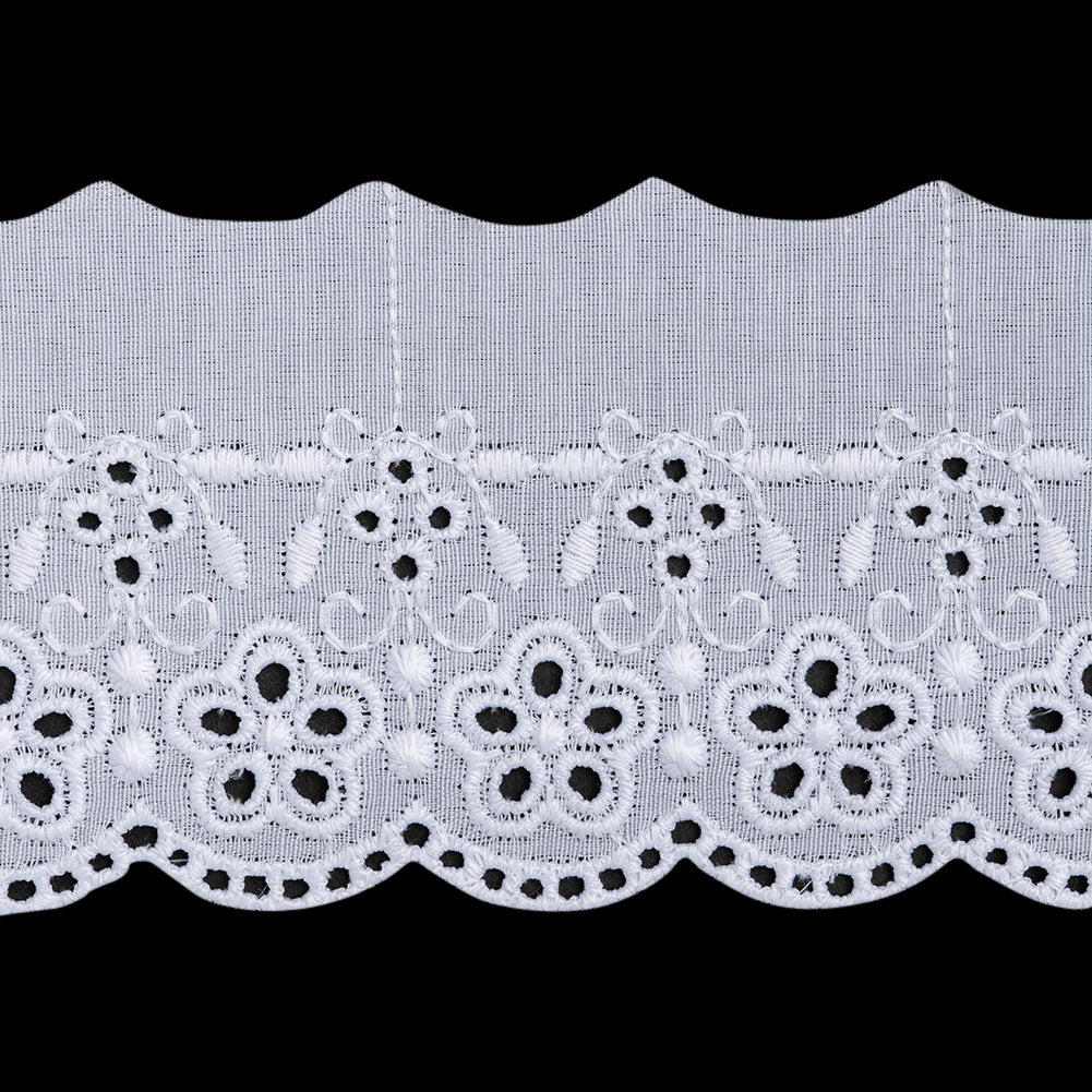 Cotton and Polyester Embroidered Eyelet Lace Trim with One Finished Scalloped Edge - 2.75" - White Simple Floral with Decorative Dots