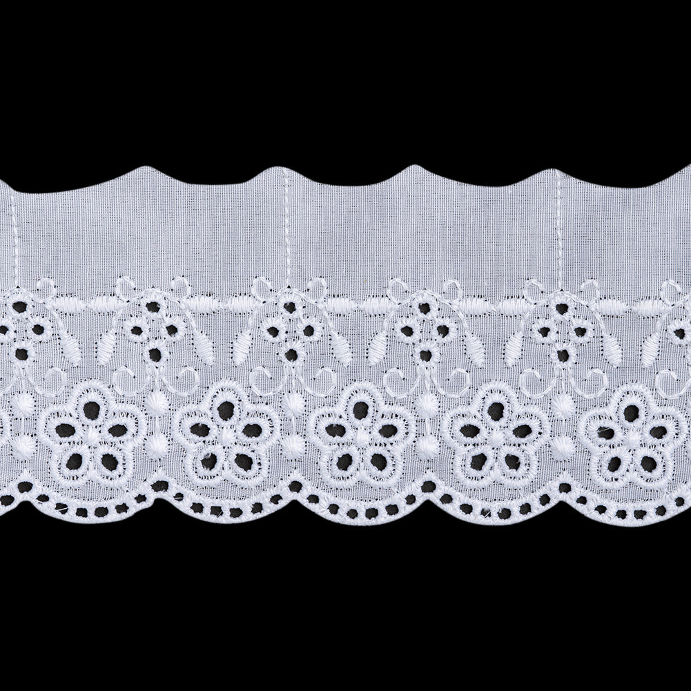 Cotton and Polyester Embroidered Eyelet Lace Trim with One Finished Scalloped Edge - 2.75" - White Simple Floral with Decorative Dots