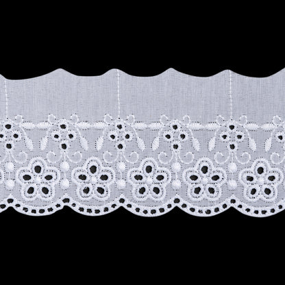 Cotton and Polyester Embroidered Eyelet Lace Trim with One Finished Scalloped Edge - 2.75" - White Simple Floral with Decorative Dots
