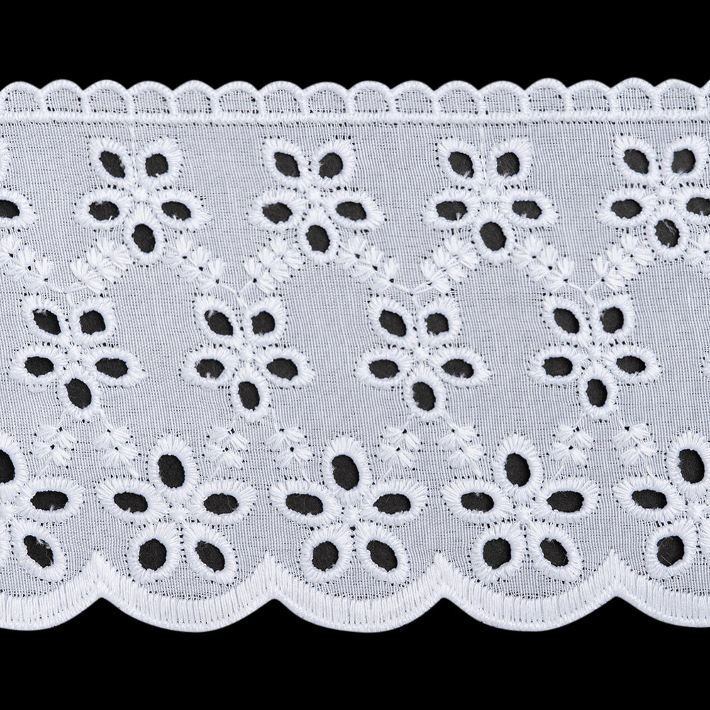 Cotton and Polyester Embroidered Eyelet Lace Trim with Scalloped Edges - 3.25" - White Rows of Daisies