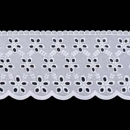 Cotton and Polyester Embroidered Eyelet Lace Trim with Scalloped Edges - 3.25" - White Rows of Daisies
