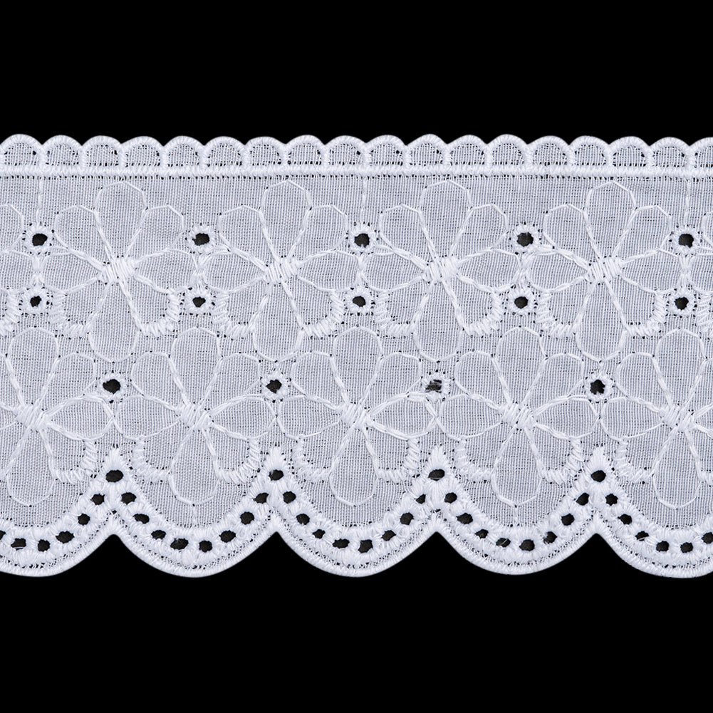 Cotton and Polyester Embroidered Eyelet Lace Trim with Scalloped Edges - 2.75" - White Flower Field