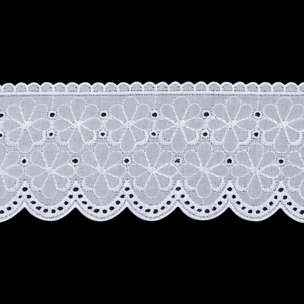 Cotton and Polyester Embroidered Eyelet Lace Trim with Scalloped Edges - 2.75" - White Flower Field