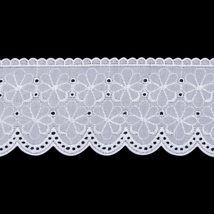 Cotton and Polyester Embroidered Eyelet Lace Trim with Scalloped Edges - 2.75" - White Flower Field