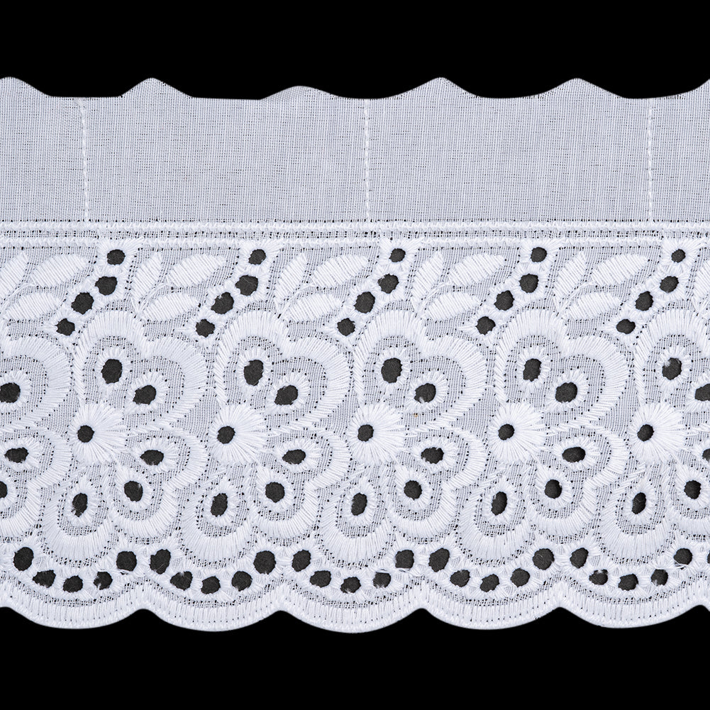 Cotton and Polyester Embroidered Eyelet Lace Trim with Scalloped Edges - 4" - White Windswept Florals