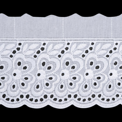 Cotton and Polyester Embroidered Eyelet Lace Trim with Scalloped Edges - 4" - White Windswept Florals