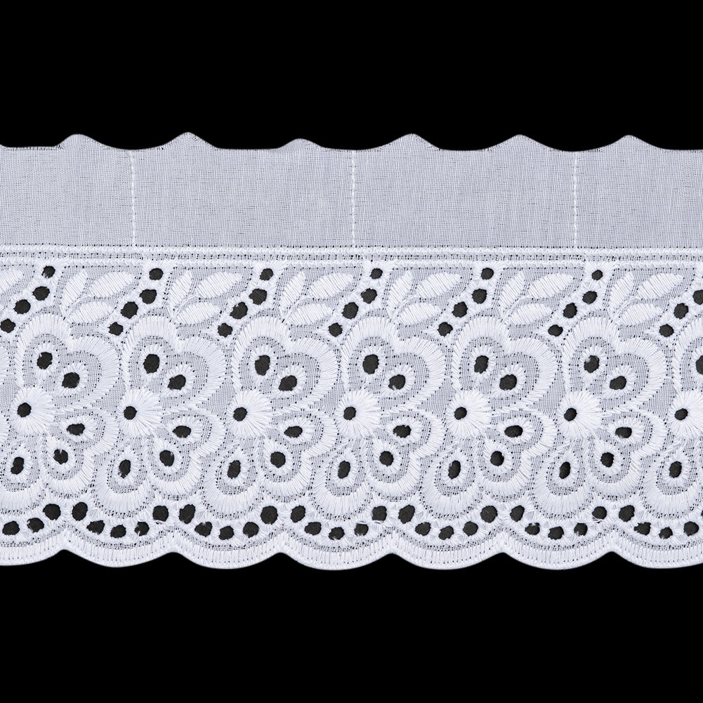 Cotton and Polyester Embroidered Eyelet Lace Trim with Scalloped Edges - 4" - White Windswept Florals