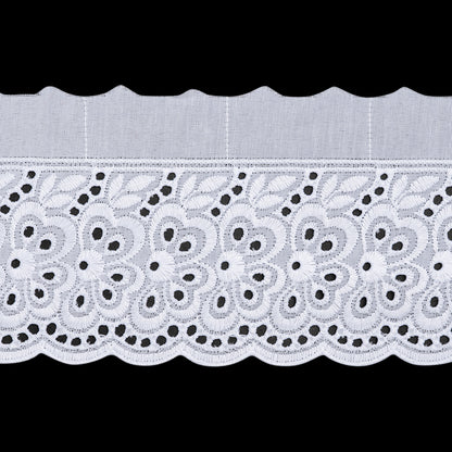 Cotton and Polyester Embroidered Eyelet Lace Trim with Scalloped Edges - 4" - White Windswept Florals