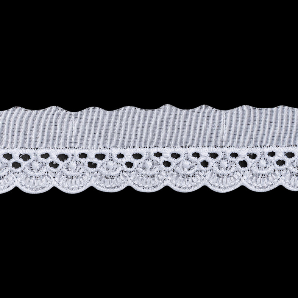 Cotton and Polyester Embroidered Eyelet Lace Trim with One Finished Scalloped Edge - 1.25" - White Shells and Dots