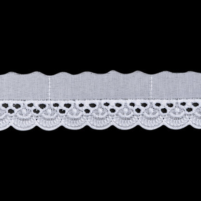 Cotton and Polyester Embroidered Eyelet Lace Trim with One Finished Scalloped Edge - 1.25" - White Shells and Dots