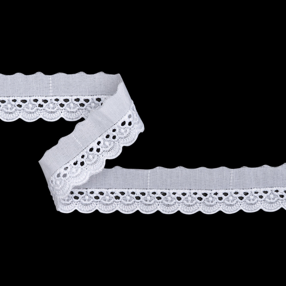 Cotton and Polyester Embroidered Eyelet Lace Trim with One Finished Scalloped Edge - 1.25" - White Shells and Dots