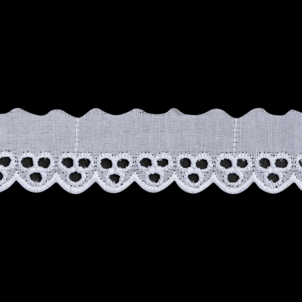 Cotton and Polyester Embroidered Eyelet Lace Trim with One Finished Scalloped Edge - 1.125" - White Dot Trios