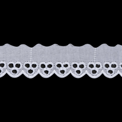 Cotton and Polyester Embroidered Eyelet Lace Trim with One Finished Scalloped Edge - 1.125" - White Dot Trios