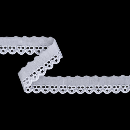 Cotton and Polyester Embroidered Eyelet Lace Trim with One Finished Scalloped Edge - 1.125" - White Dot Trios