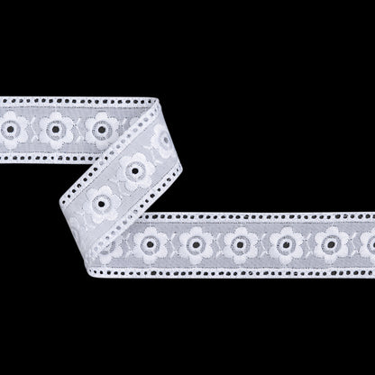 Cotton and Polyester Embroidered Eyelet Lace Trim with Finished Ladder Edges - 1.5" - White Daisies
