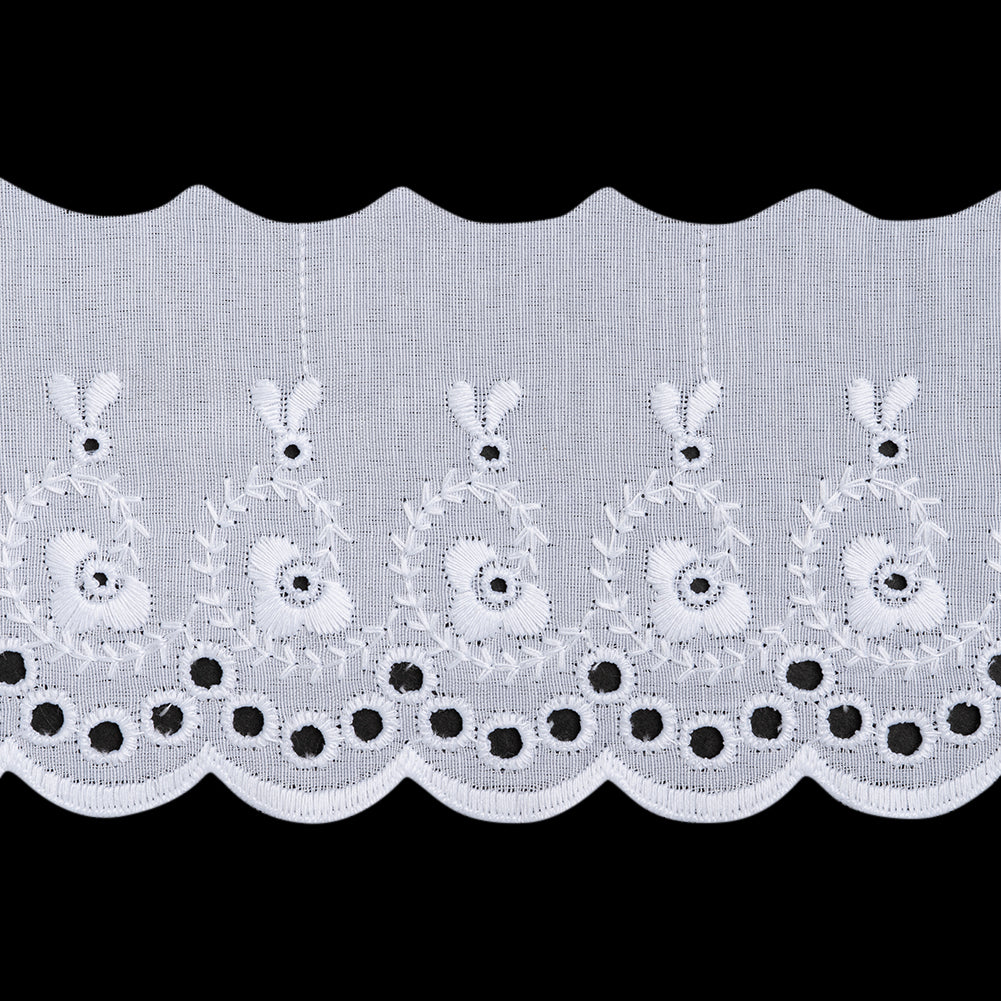 Cotton and Polyester Embroidered Eyelet Lace Trim with One Finished Scalloped Edge - 3.25" - White Flowers and Vine Swirls