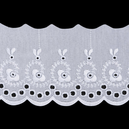 Cotton and Polyester Embroidered Eyelet Lace Trim with One Finished Scalloped Edge - 3.25" - White Flowers and Vine Swirls