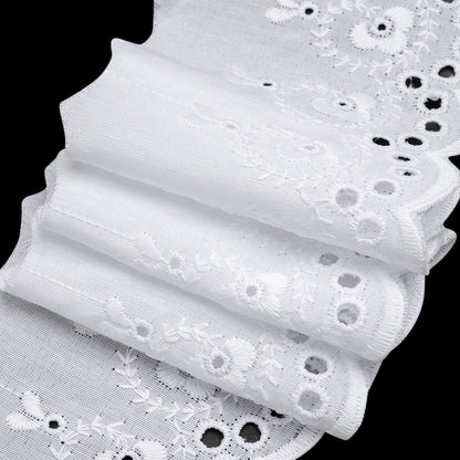 Cotton and Polyester Embroidered Eyelet Lace Trim with One Finished Scalloped Edge - 3.25" - White Flowers and Vine Swirls