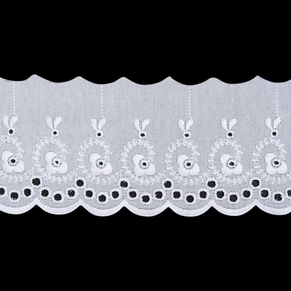 Cotton and Polyester Embroidered Eyelet Lace Trim with One Finished Scalloped Edge - 3.25" - White Flowers and Vine Swirls