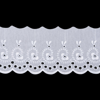 Cotton and Polyester Embroidered Eyelet Lace Trim with One Finished Scalloped Edge - 3.25" - White Flowers and Vine Swirls