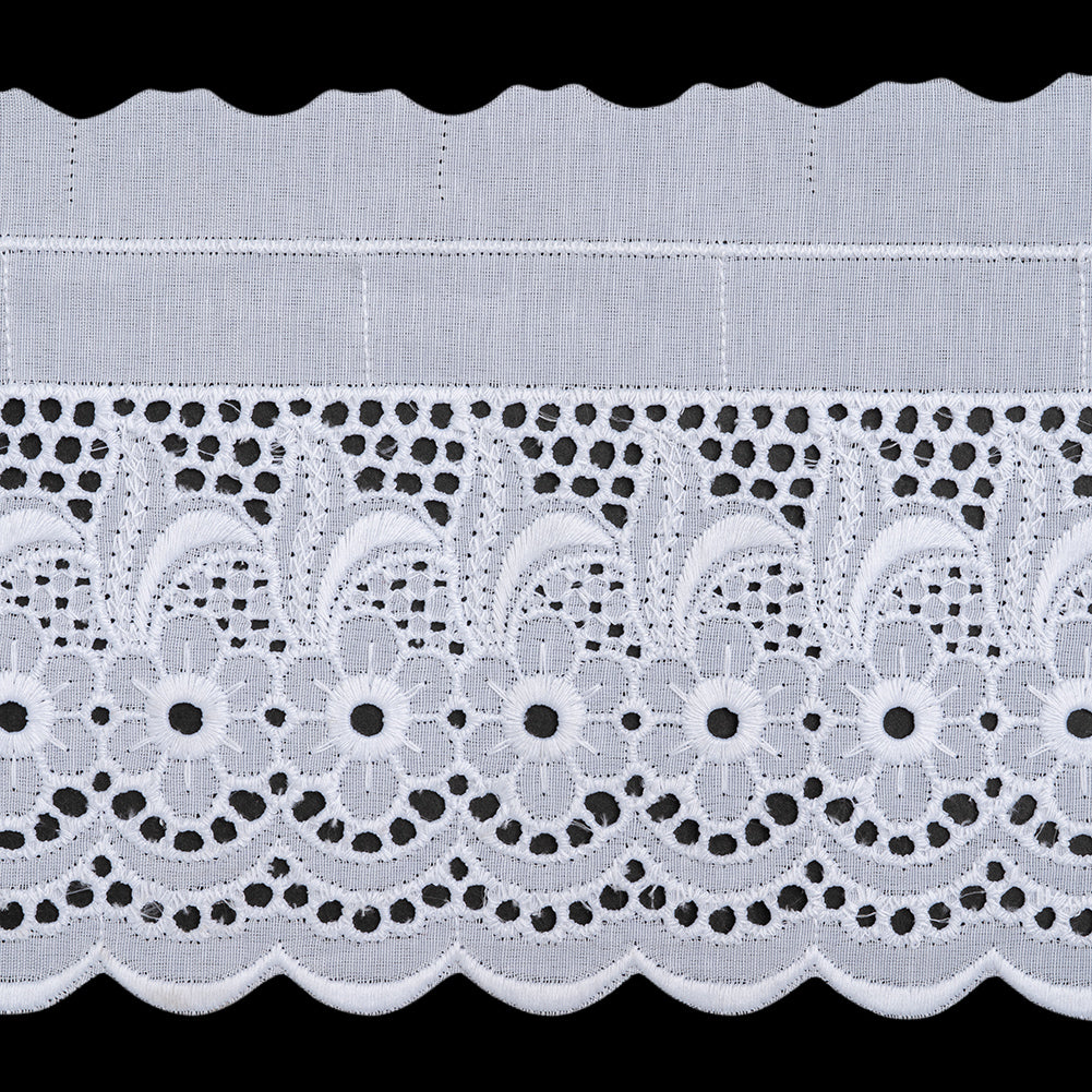 Cotton and Polyester Embroidered Eyelet Lace Trim with One Finished Scalloped Edge - 5" - White Daisies and Feathery Leaves