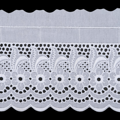 Cotton and Polyester Embroidered Eyelet Lace Trim with One Finished Scalloped Edge - 5" - White Daisies and Feathery Leaves