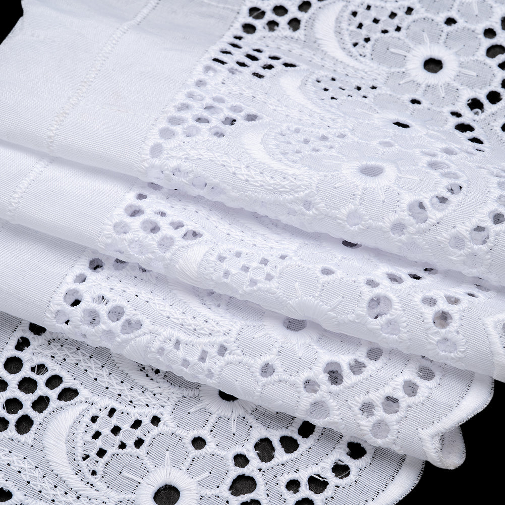 Cotton and Polyester Embroidered Eyelet Lace Trim with One Finished Scalloped Edge - 5" - White Daisies and Feathery Leaves