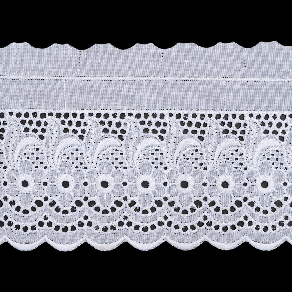 Cotton and Polyester Embroidered Eyelet Lace Trim with One Finished Scalloped Edge - 5" - White Daisies and Feathery Leaves