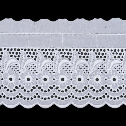Cotton and Polyester Embroidered Eyelet Lace Trim with One Finished Scalloped Edge - 5" - White Daisies and Feathery Leaves