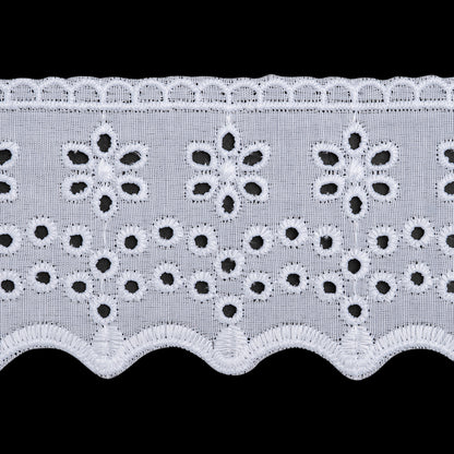 Cotton and Polyester Embroidered Eyelet Lace Trim with Scalloped Edges - 2.5" - White Daisies and Dotted Arches