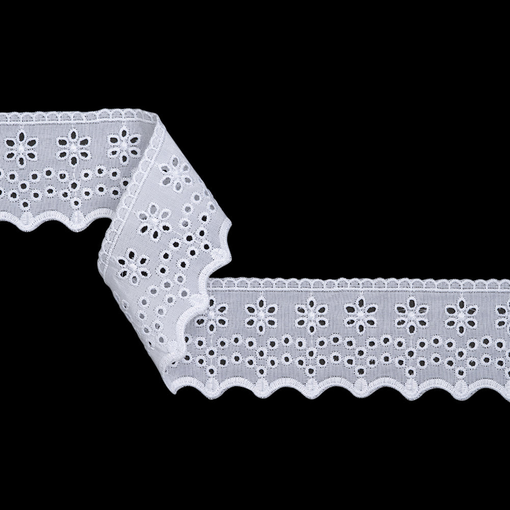 Cotton and Polyester Embroidered Eyelet Lace Trim with Scalloped Edges - 2.5" - White Daisies and Dotted Arches