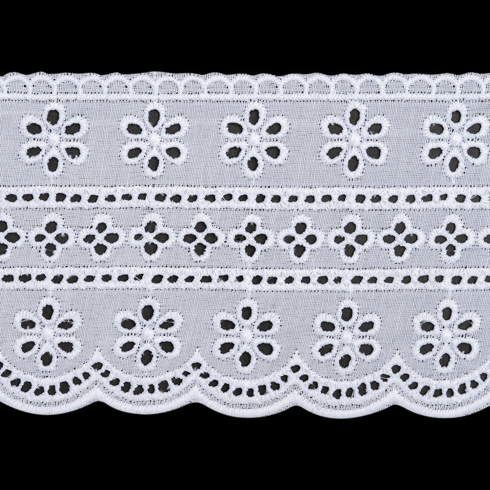Cotton and Polyester Embroidered Eyelet Lace Trim with Scalloped Edges - 3.5" - White Floral Stripes