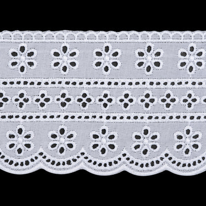 Cotton and Polyester Embroidered Eyelet Lace Trim with Scalloped Edges - 3.5" - White Floral Stripes