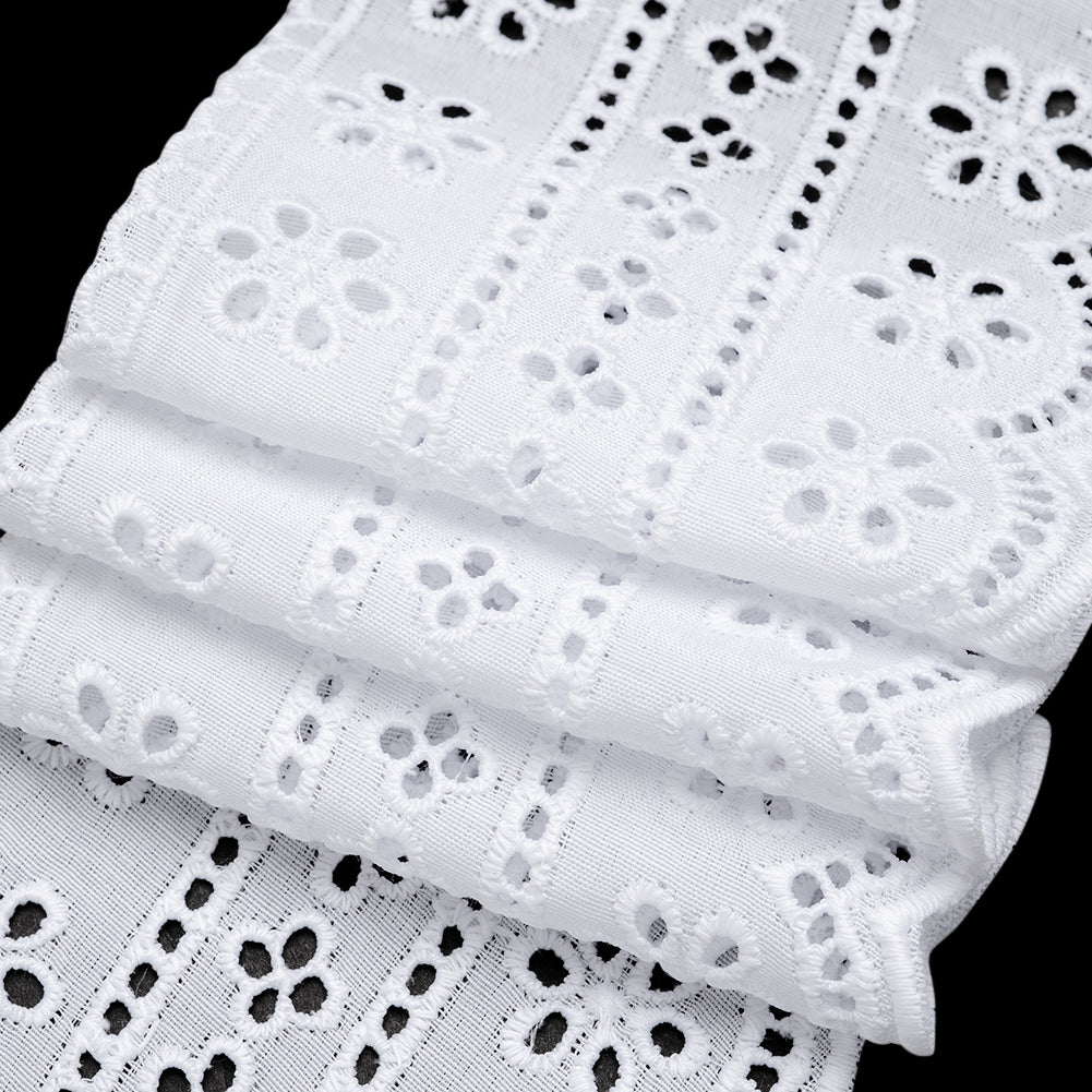 Cotton and Polyester Embroidered Eyelet Lace Trim with Scalloped Edges - 3.5" - White Floral Stripes
