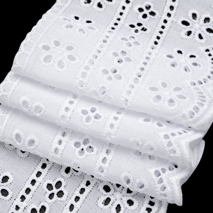 Cotton and Polyester Embroidered Eyelet Lace Trim with Scalloped Edges - 3.5" - White Floral Stripes