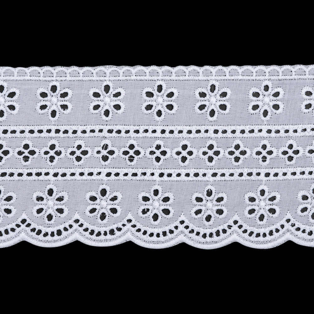 Cotton and Polyester Embroidered Eyelet Lace Trim with Scalloped Edges - 3.5" - White Floral Stripes