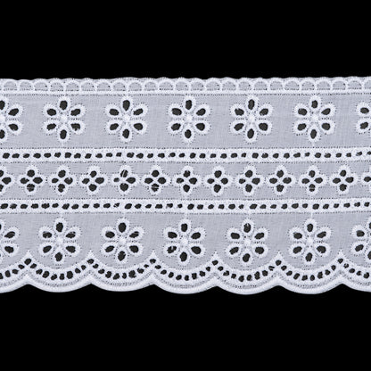 Cotton and Polyester Embroidered Eyelet Lace Trim with Scalloped Edges - 3.5" - White Floral Stripes