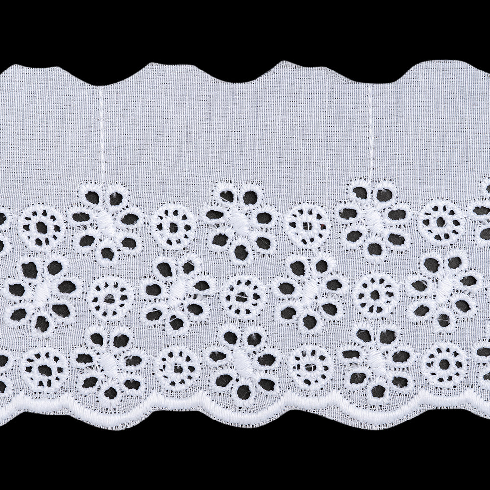 Cotton and Polyester Embroidered Eyelet Lace Trim with One Finished Scalloped Edge - 2.75" - White Flowers and Circles