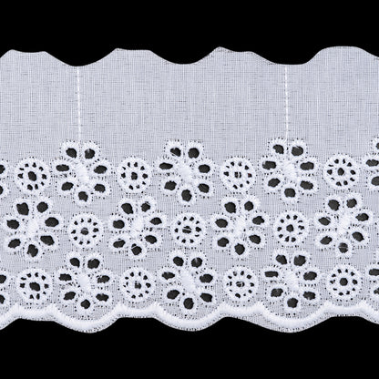 Cotton and Polyester Embroidered Eyelet Lace Trim with One Finished Scalloped Edge - 2.75" - White Flowers and Circles