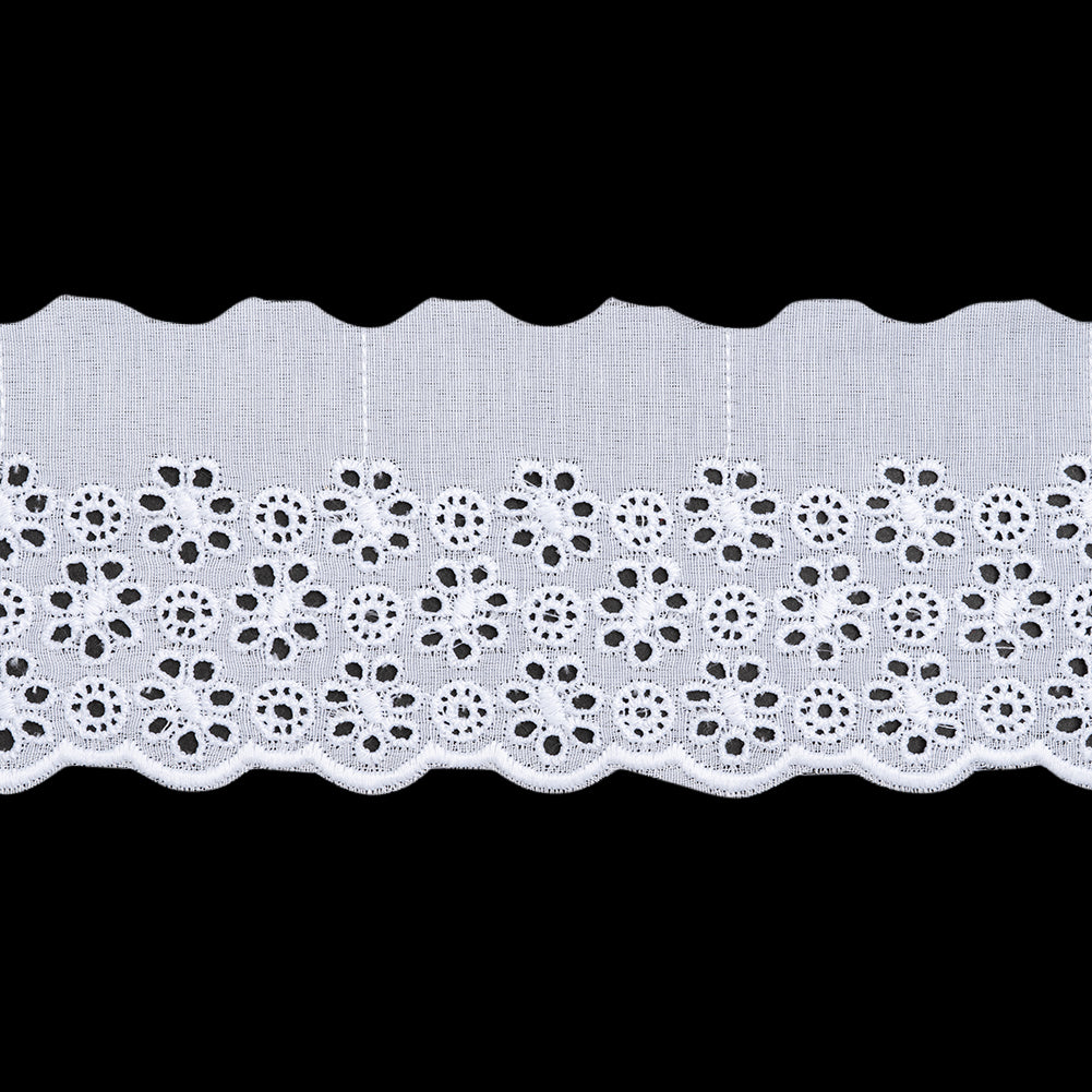 Cotton and Polyester Embroidered Eyelet Lace Trim with One Finished Scalloped Edge - 2.75" - White Flowers and Circles
